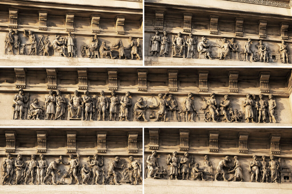 Collage of sculptural friezes on Passeig de Gràcia 32 in Barcelona showing scenes of human progress, art, industry, and daily life in warm golden light